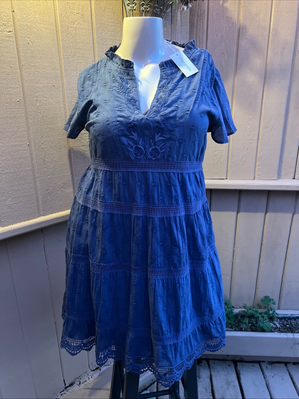 Sundance Navy Blue Embroidered A Line Tiered Cotton Boho Dress Cruise Wear Sz PL